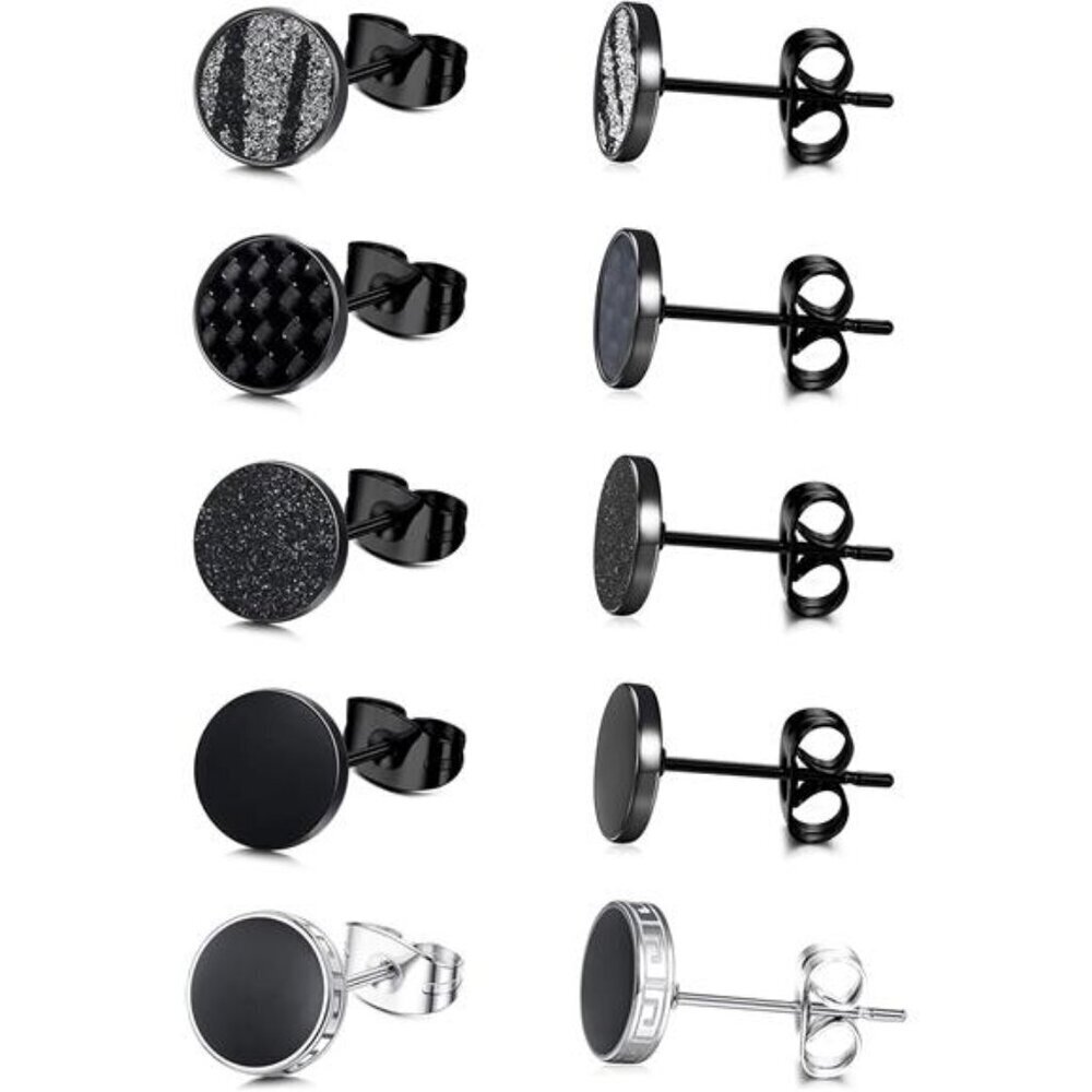 Versatile Matte Black Stud Earrings - 5 Pair Set 316L Surgical Steel